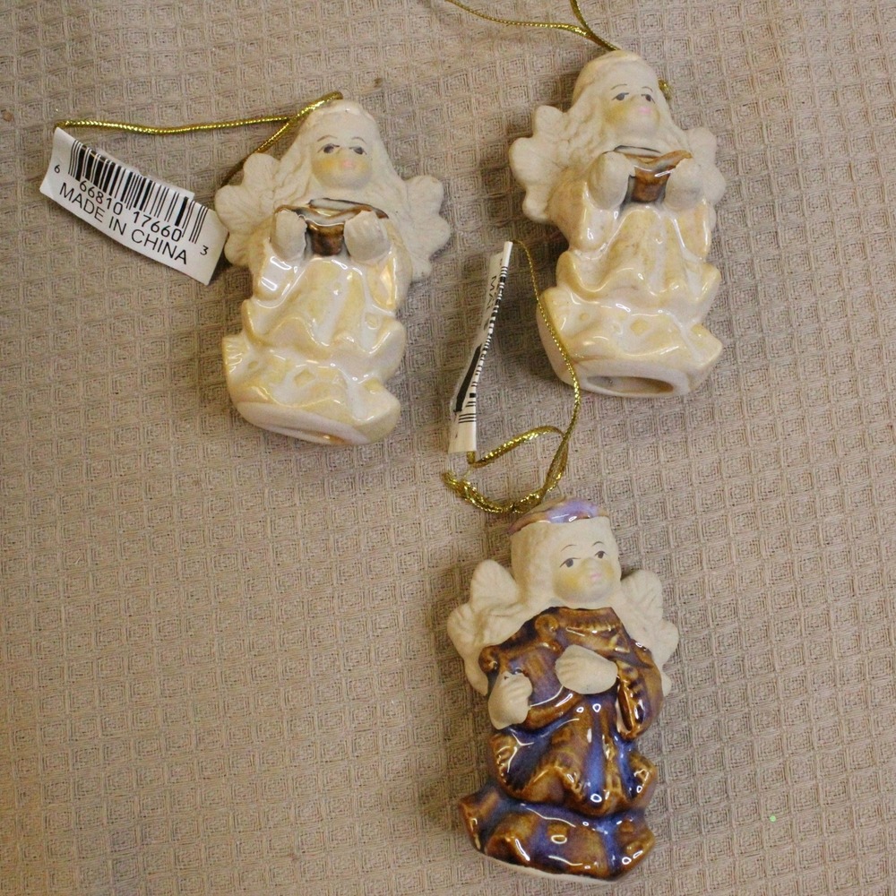 3 Mini Ceramic Angel Ornaments C7660 Blue Gold Cream Cottagecore Christmas 3in